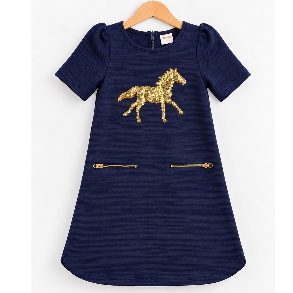 Gymboree Girls Navy Blue Sequin Horse Ottoman Ribbed Dress Pockets Zipper Size 4
